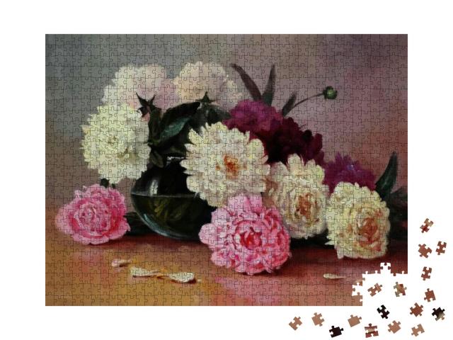 Puzzle 1000 Teile „Weiße und rosa Pfingstrosen in einer Glasvase“