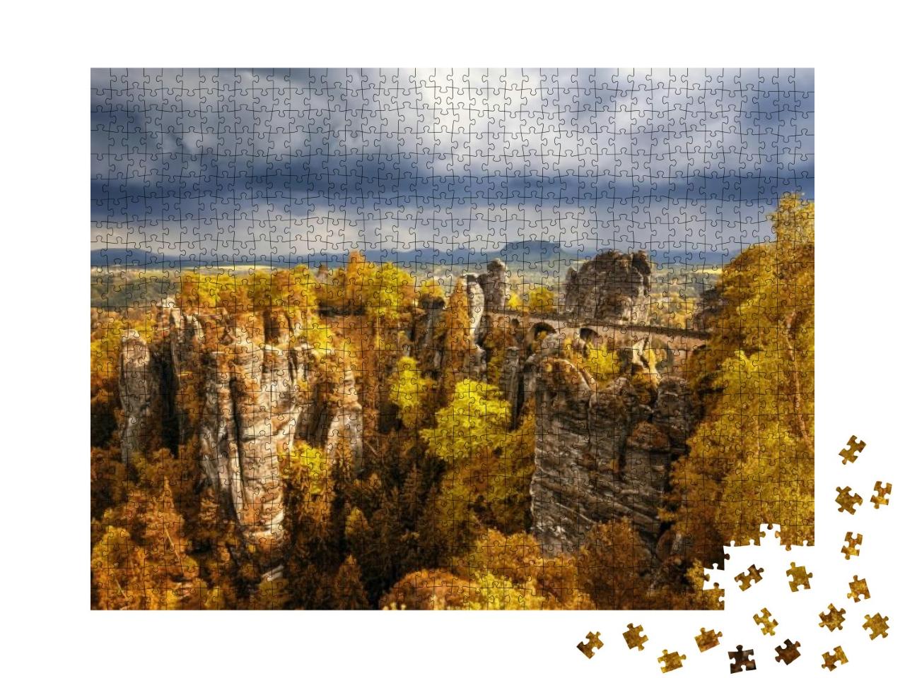 Puzzle 1000 Teile „Basteibrücke: Sächsische Schweiz mit herbstlichen Farben, Deutschland“