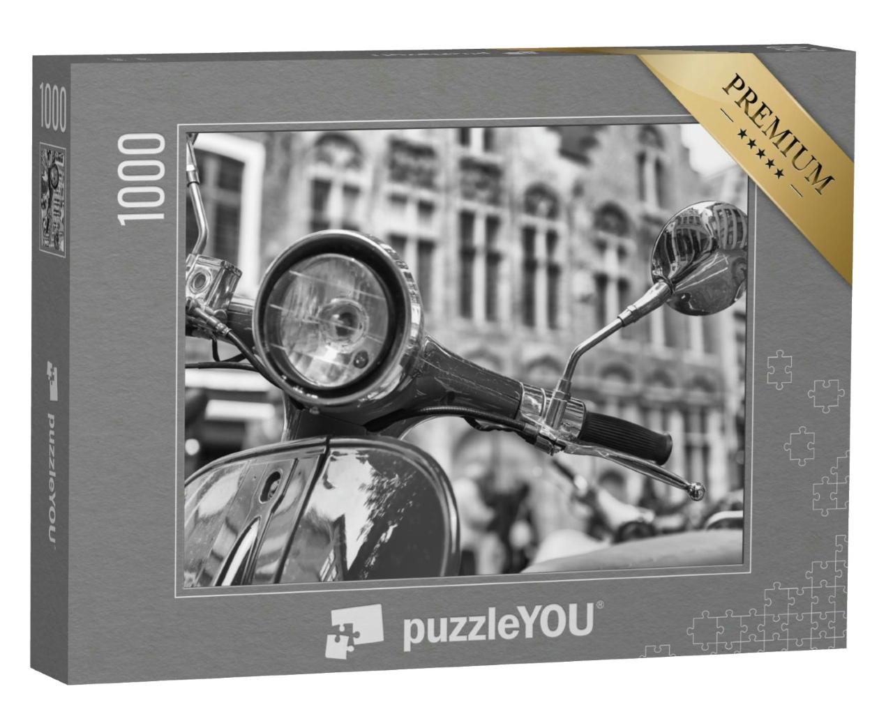 Puzzle 1000 Teile „Vintage-Motorroller, Detailansicht in schwarz-weiß“
