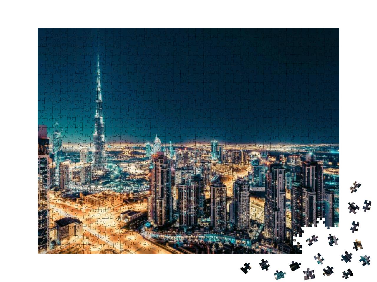 Puzzle 1000 Teile „Skyline mit beleuchteten Wolkenkratzern, Dubai“