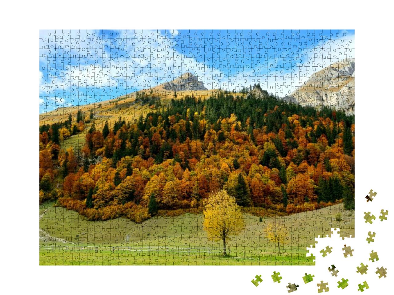 Puzzle 1000 Teile „Großer Ahornboden mit herbstlichen Ahornbäumen, Tirol“
