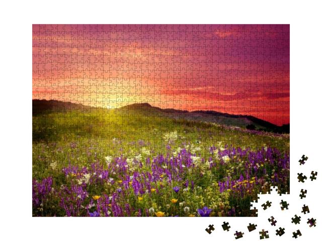 Puzzle 1000 Teile „Berglandschaft mit Blumen“