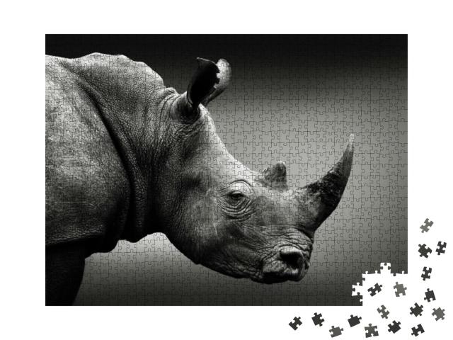 Puzzle 1000 Teile „Hochaufmerksames Nashorn in Schwarz-Weiß, Südafrika“
