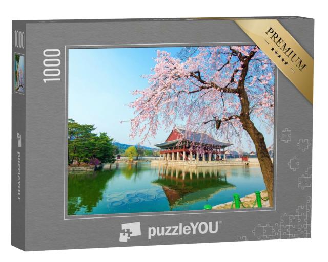 Puzzle 1000 Teile „Gyeongbokgung-Palast in der Zeit der Kirschblüte, Korea“