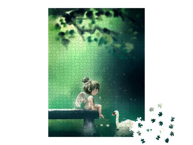 Puzzle 1000 Teile „Mädchen im Engelskleid sitzt am Teich und schaut auf die Schwäne“