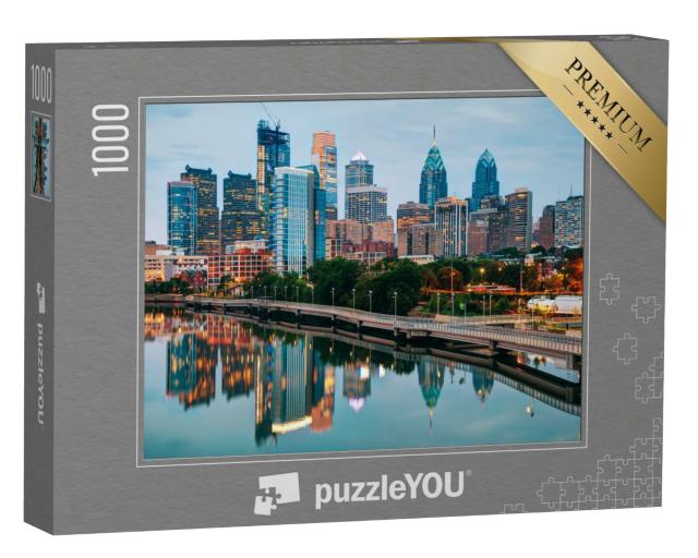 Puzzle 1000 Teile „Skyline von Philadelphia bei Nacht mit dem Fluss Schuylkill“