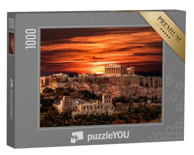 Puzzle 1000 Teile „Parthenon-Tempel auf der Akropolis von Athen unter dramatischen Sonnenuntergang, Griechenland“