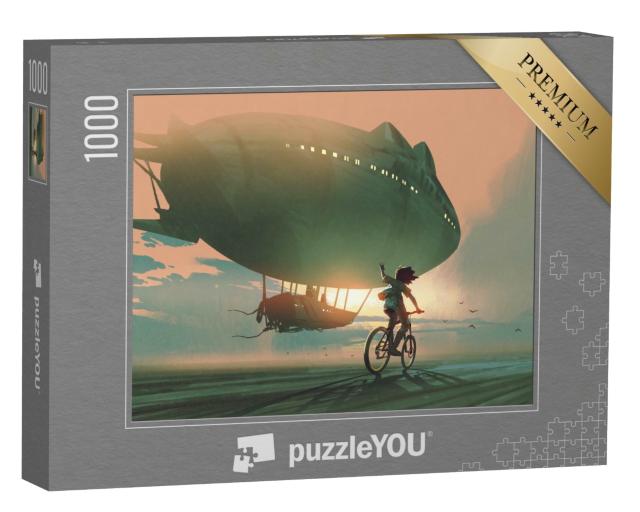 Puzzle 1000 Teile „Fahrradfahrendes Kind winkt einem Zeppelin hinterher“