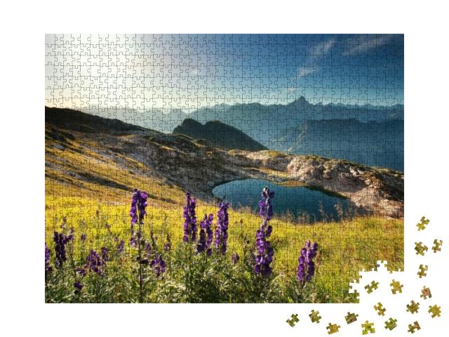 Puzzle 1000 Teile „Wildblumen auf einem Berg bei einem Alpensee im Allgäu“