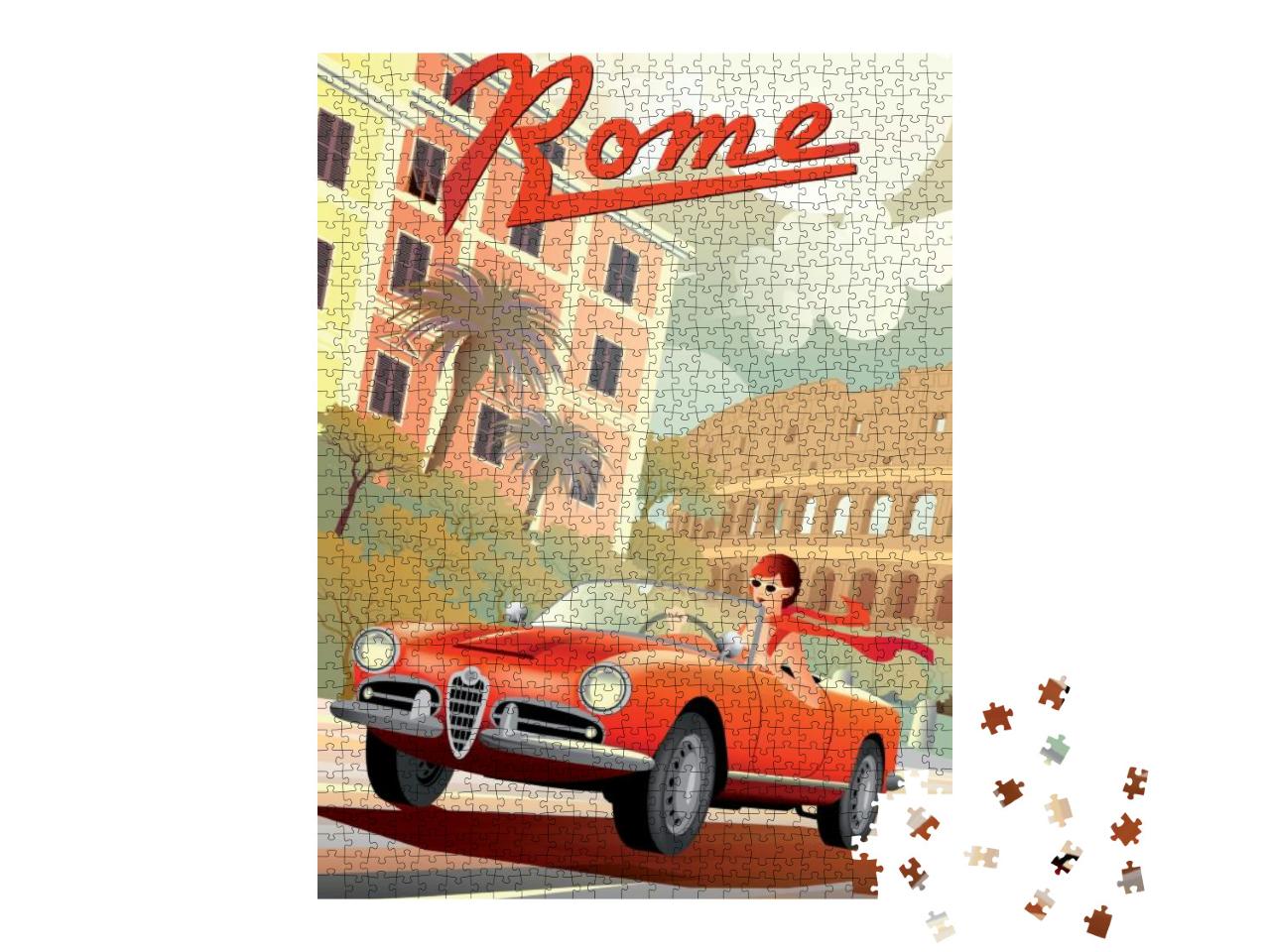 Puzzle 1000 Teile „Junge Frau fährt rotes Retro-Auto in Rom“