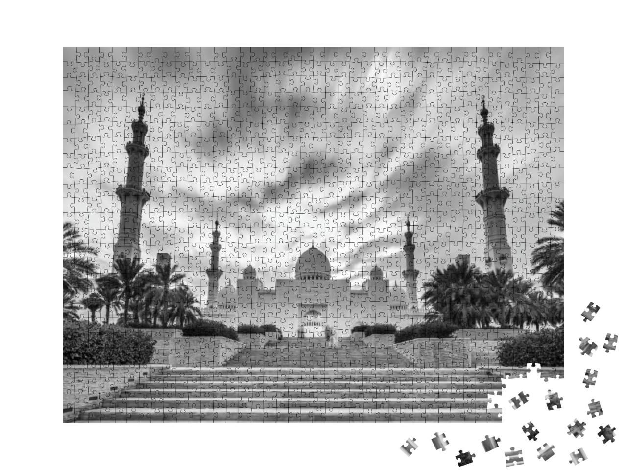 Puzzle 1000 Teile „Große Moschee Sheikh Zayed in schwarz-weiß, Abu Dhabi, Vereinigte Arabische Emirate“