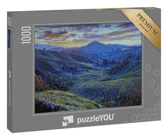 Puzzle 1000 Teile „im Kunst-Stil von van Gogh, Sternennacht - Sungai Palas Teeplantage in Cameron Highlands, Pahang, Malaysia“