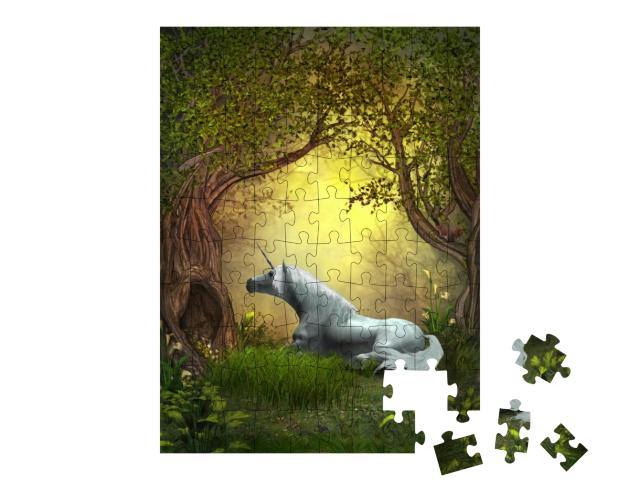 Puzzle 100 Teile „Eichhörnchen beobachtet ein weißes Einhorn“