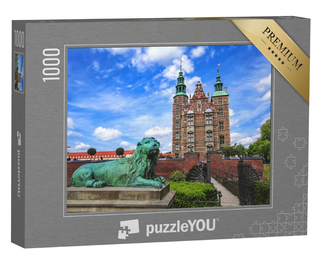 Puzzle 1000 Teile „Skulptur des Löwen am Schloss Rosenborg unter weitem blauem Himmel“