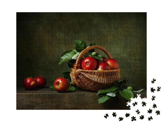 Puzzle 1000 Teile „Stillleben mit roten Äpfeln in einem Korb aus Holz“