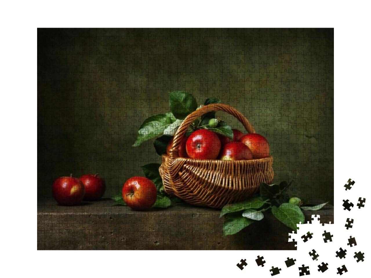 Puzzle 1000 Teile „Stillleben mit roten Äpfeln in einem Korb aus Holz“