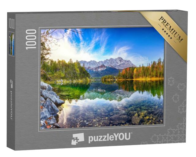 Puzzle 1000 Teile „Wunderschöne Herbstlandschaft am Eibsee, Bayerische Alpen, Deutschland“