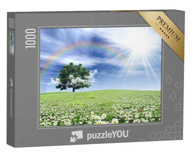 Puzzle 1000 Teile „Regenbogen über einer mit Blumen bewachsenen Frühlingswiese“