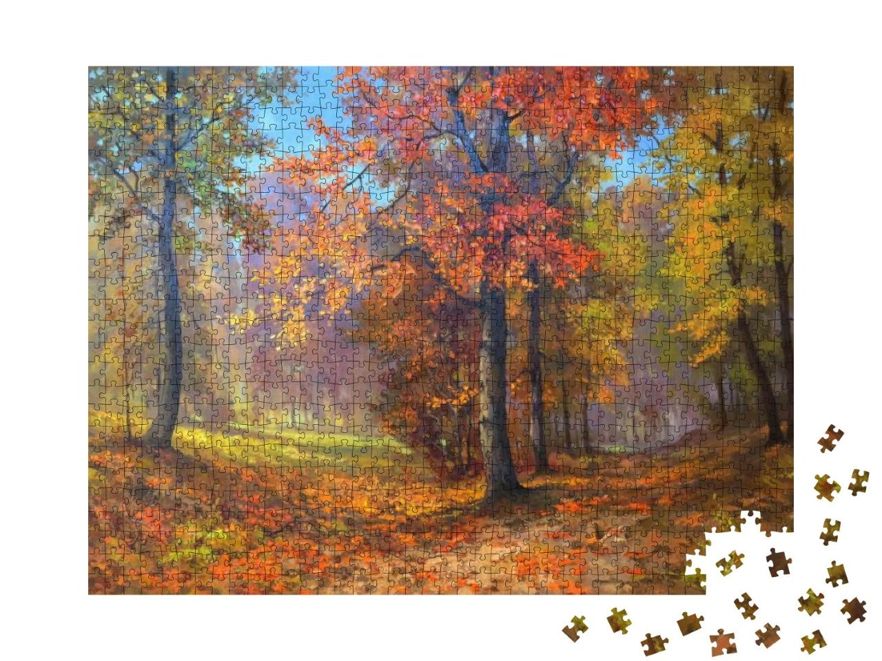 Puzzle 1000 Teile „Ölgemälde: Wunderschöner Wald in Herbstfarben“