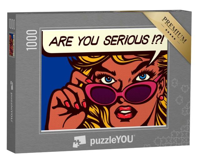 Puzzle 1000 Teile „Pop-Art-Comic-Stil - skeptische Frau mit Sonnenbrille“