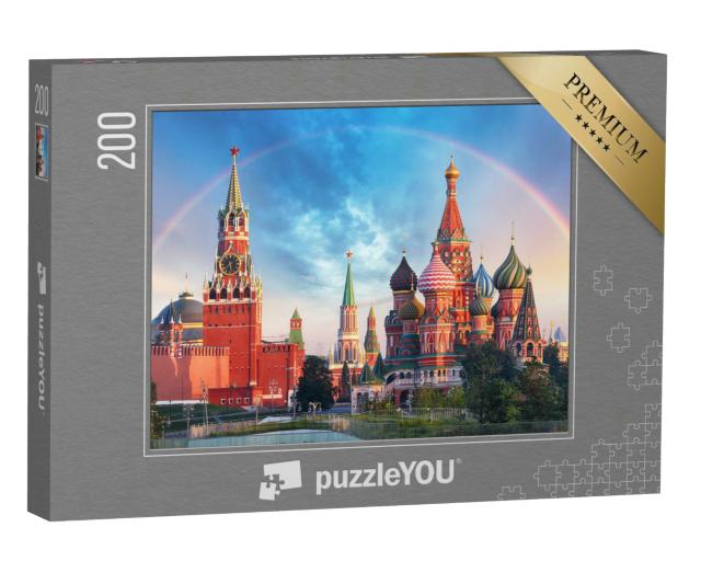Puzzle 200 Teile „Panoramablick auf den Roten Platz mit Moskauer Kreml und Regenbogen“