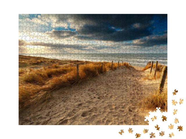 Puzzle 1000 Teile „Sonnenuntergang über Sandweg zur Nordsee, Holland“