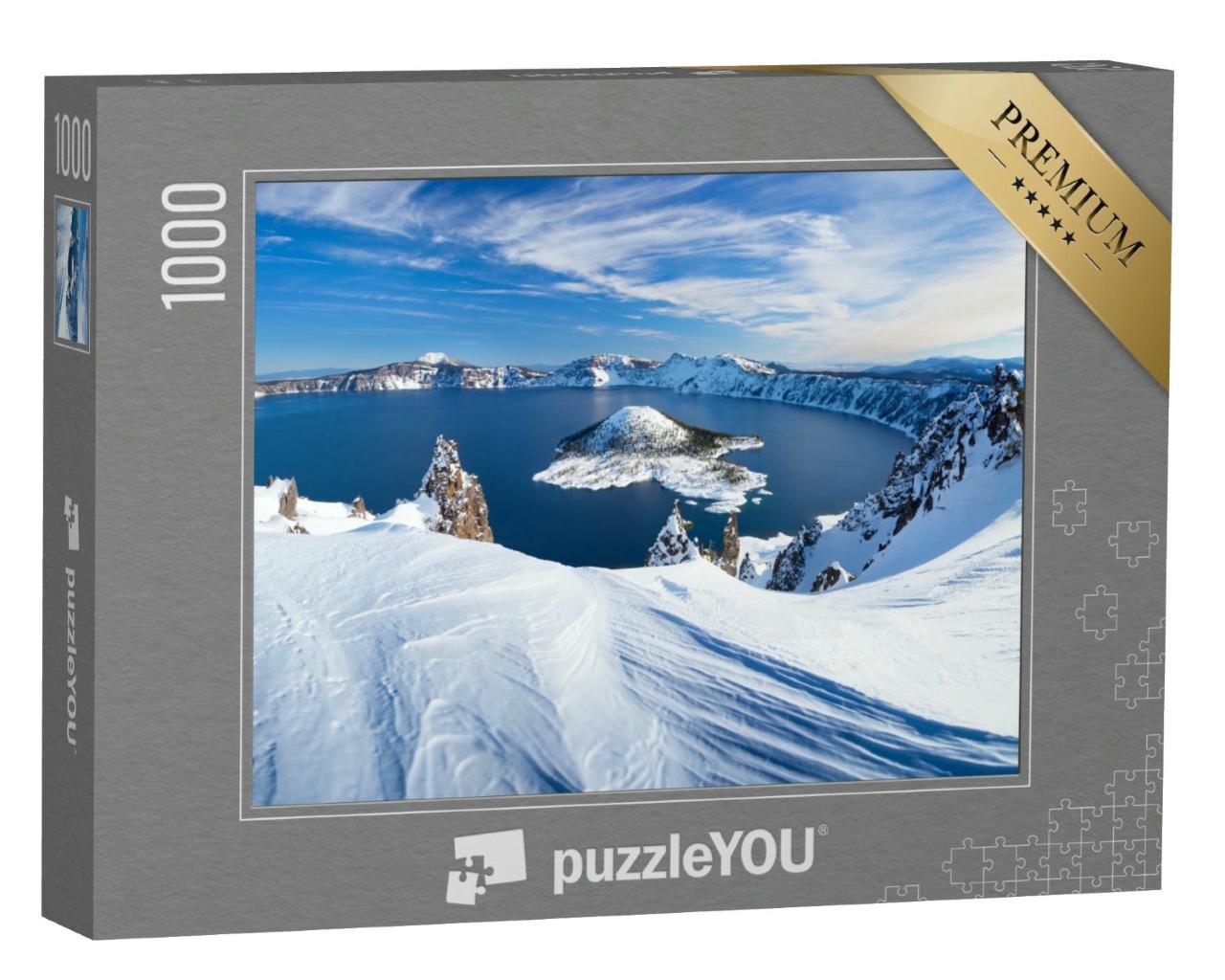 Puzzle 1000 Teile „Schneebedeckte Winter-Szene am Vulkan Crater Lake, Oregon, USA“