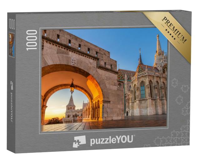 Puzzle 1000 Teile „Nordtor der Fischerbastei Halaszbastya bei Sonnenaufgang, Budapest, Ungarn“