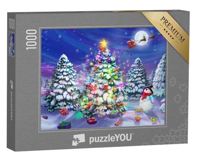 Puzzle 1000 Teile „Santas Schlitten über einem Weihnachtsbaum im verschneiten Wald“