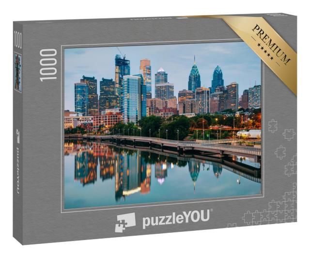Puzzle 1000 Teile „Skyline von Philadelphia bei Nacht mit dem Fluss Schuylkill“