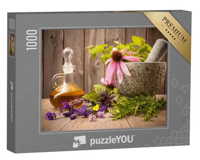 Puzzle 1000 Teile „Heilkräuter mit Mörser und ätherischem Öl“
