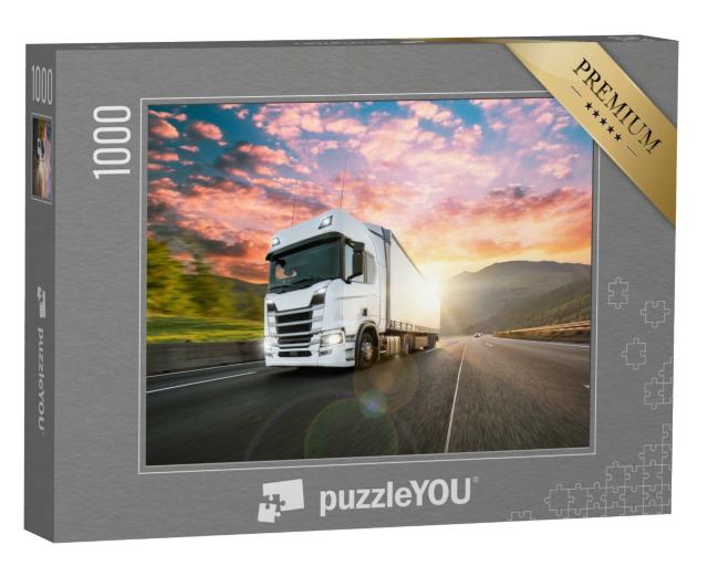 Puzzle 1000 Teile „Weißer LKW mit Container auf der Autobahn “