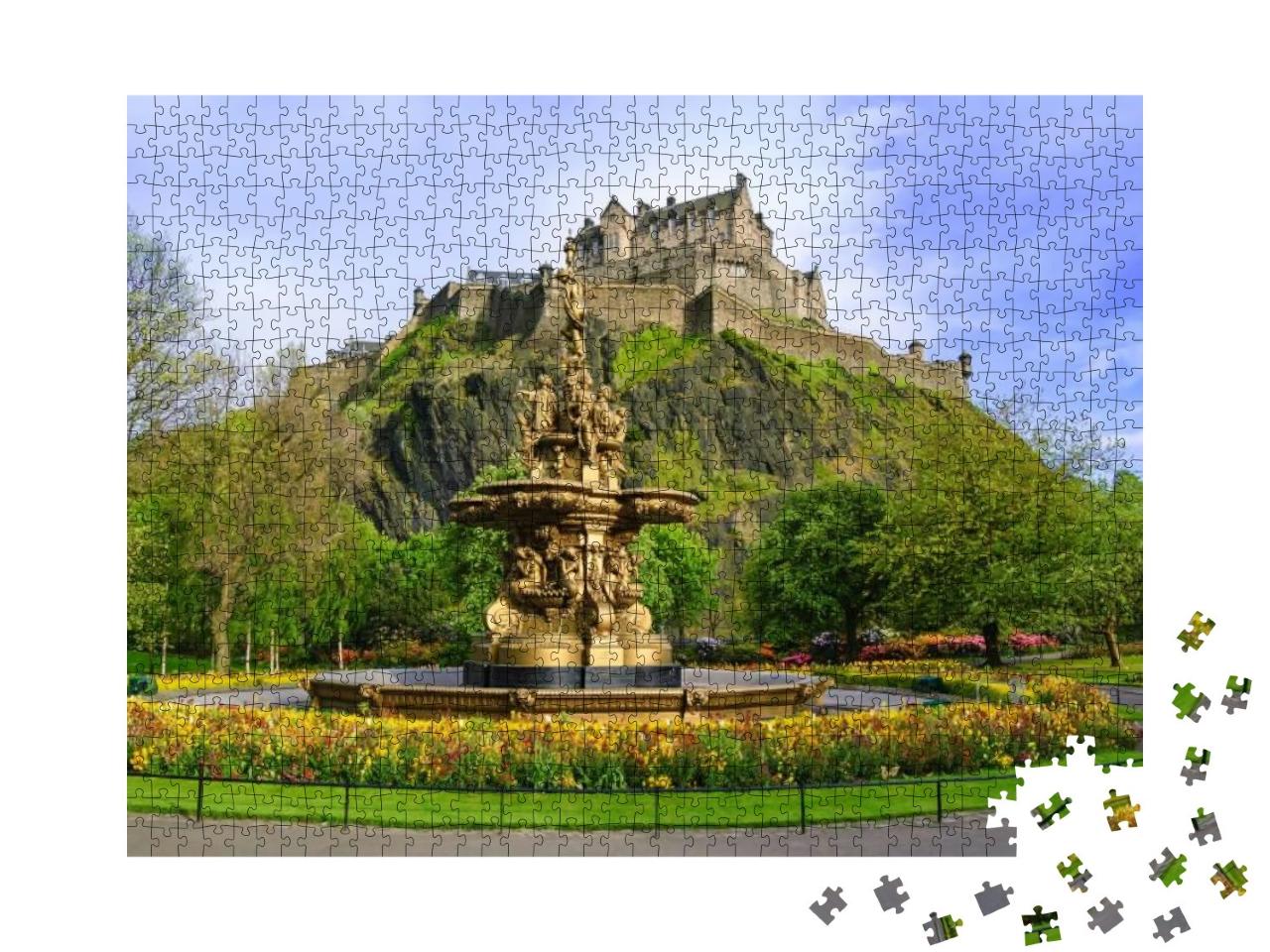 Puzzle 1000 Teile „Ross Fountain in den Princes Street Gardens, Edinburgh, Schottland“