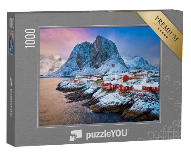 Puzzle 1000 Teile „Fischerdorf auf den Lofoten: Sonnenaufgang im Winter, Norwegen“