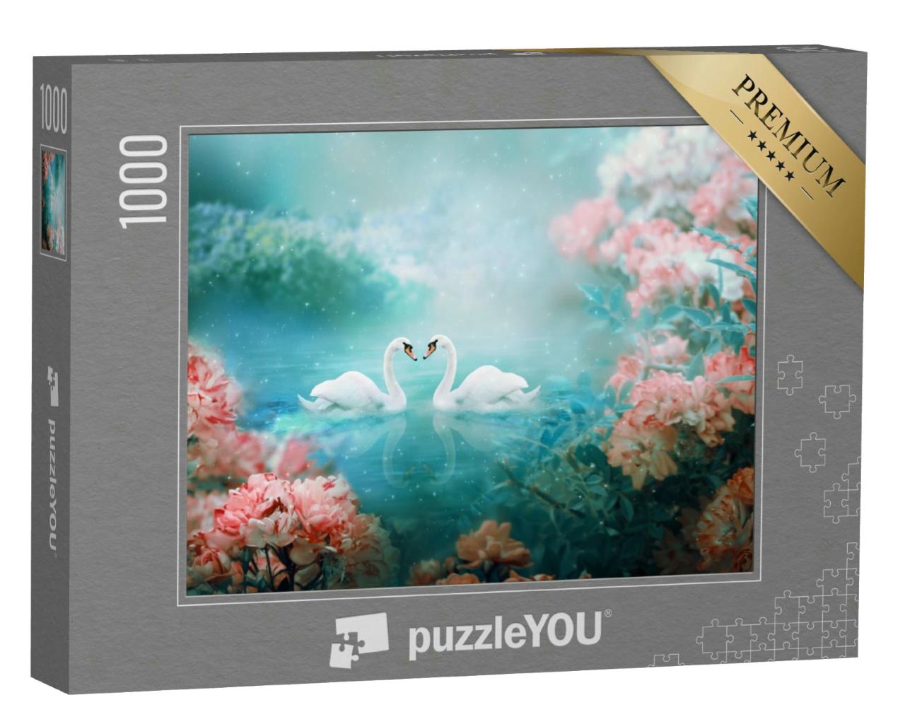 Puzzle 1000 Teile „Zwei weiße Schwäne schwimmen durch eine Märchenlandschaft“