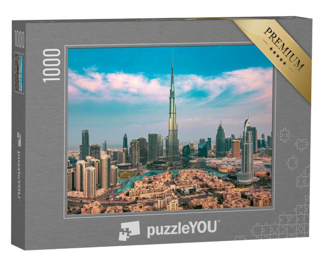 Puzzle 1000 Teile „Skyline des Stadtzentrums von Dubai mit Wolkenkratzern bei Sonnenaufgang“