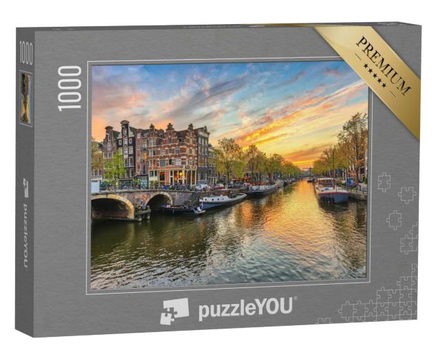 Puzzle 1000 Teile „Amsterdam Stadtsilhouette an der Gracht Waterfront, Amsterdam, Niederlande“
