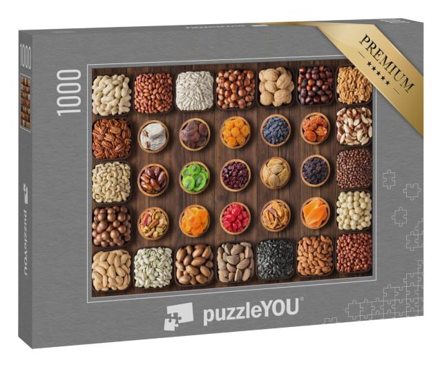 Puzzle 1000 Teile „Bunte Vielfalt von Nüssen und Trockenfrüchten in kleinen Schalen“
