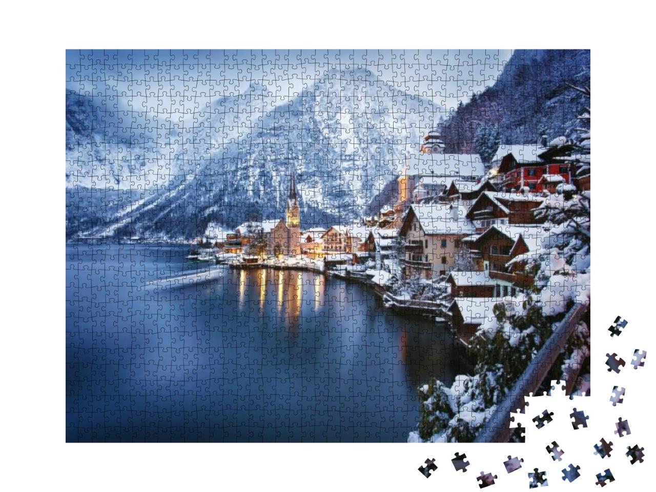 Puzzle 1000 Teile „Winteransicht von Hallstatt, UNESCO-Weltulturerbe, Österreich“