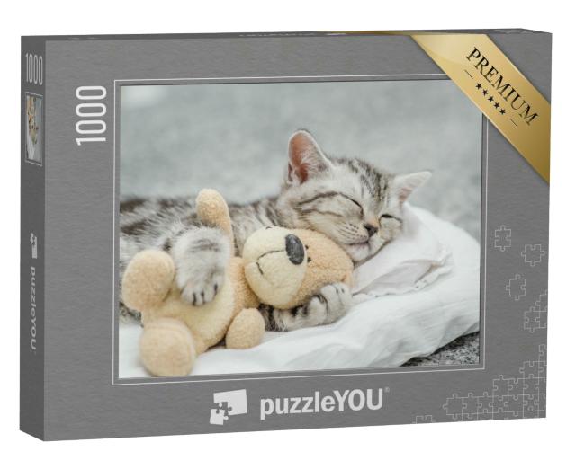 Puzzle 1000 Teile „Niedliches Kätzchen schmust mit einem Teddy“