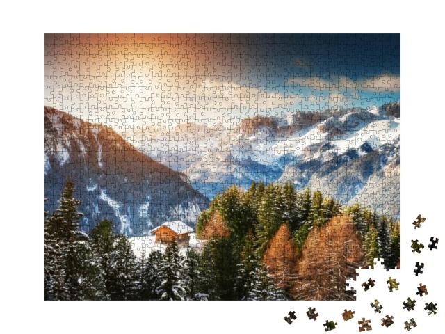 Puzzle 1000 Teile „Holzhaus in den winterlichen Bergen“