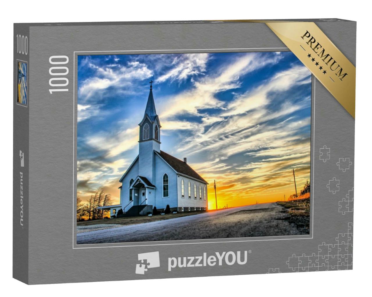 Puzzle 1000 Teile „Hölzerne Kirche in der Abenddämmerung in Kansas “