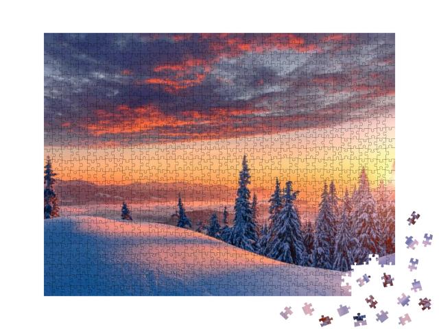 Puzzle 1000 Teile „Abendrot über verschneiten Bergen“