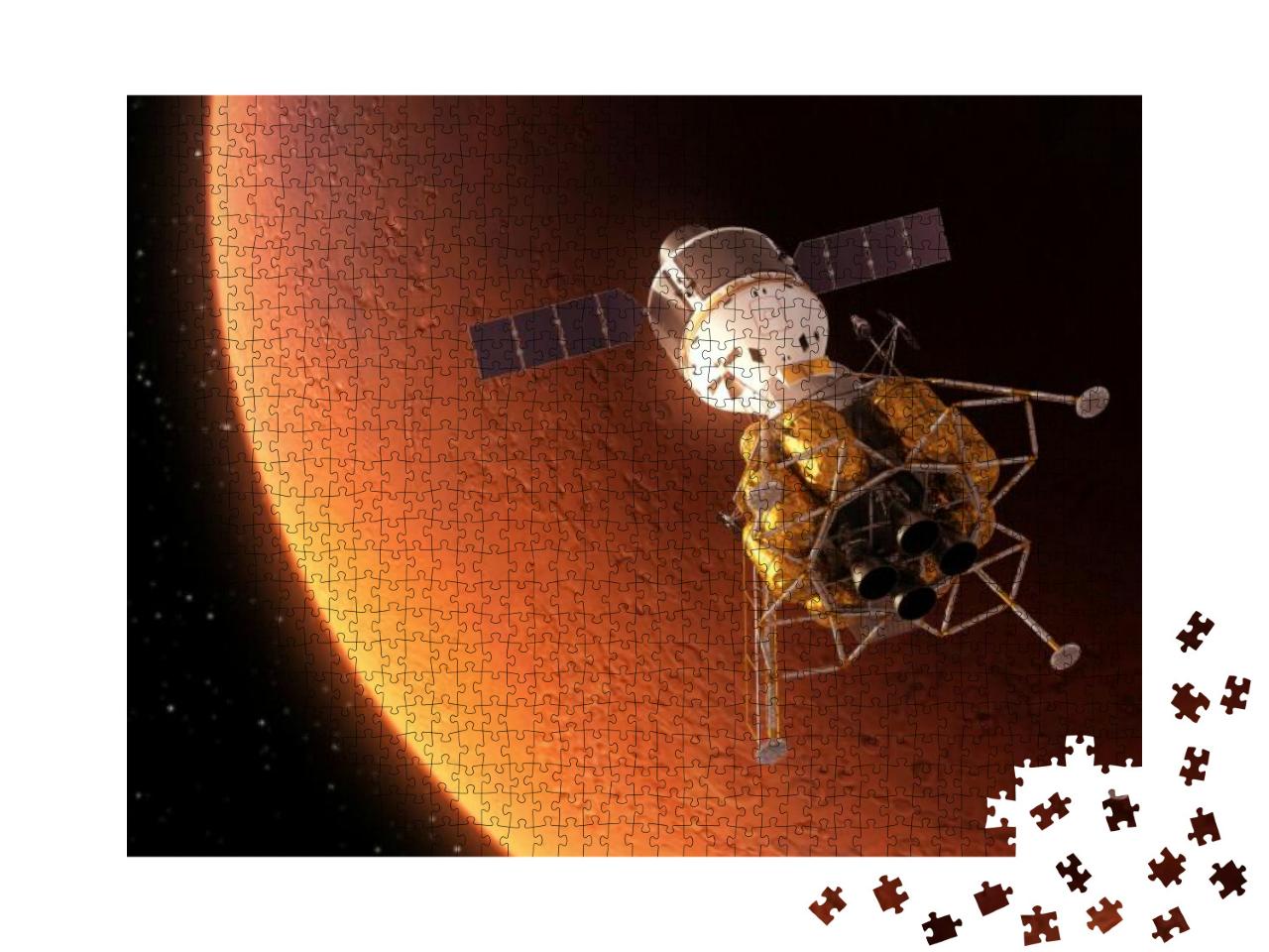Puzzle 1000 Teile „Interplanetarische Raumstation im Orbit des Roten Planeten, 3D-Szene“