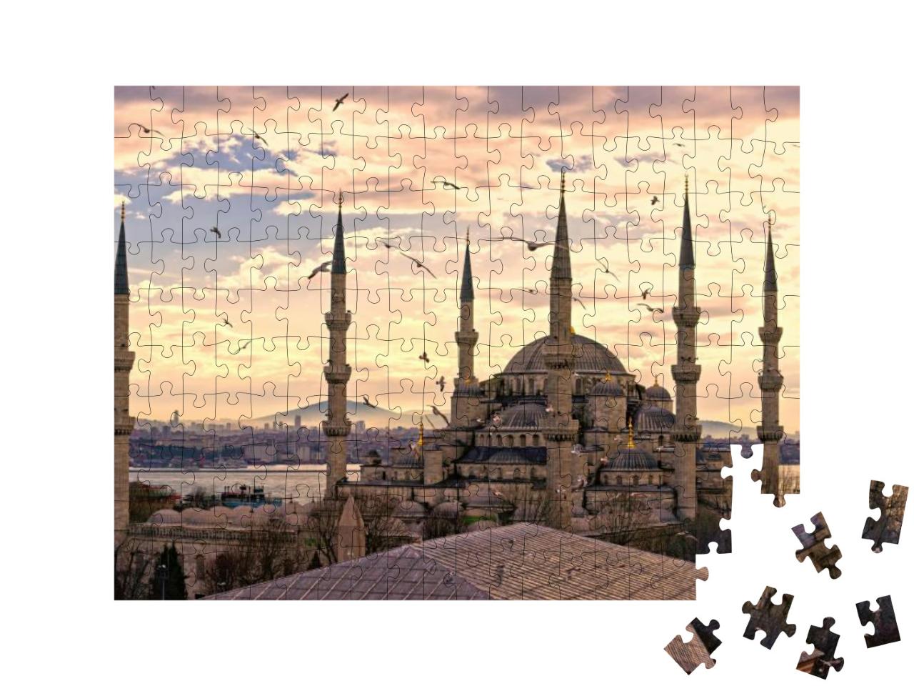 Puzzle 200 Teile „Sonnenuntergang über der Blauen Moschee, (Sultanahmet Camii), Istanbul, Türkei“
