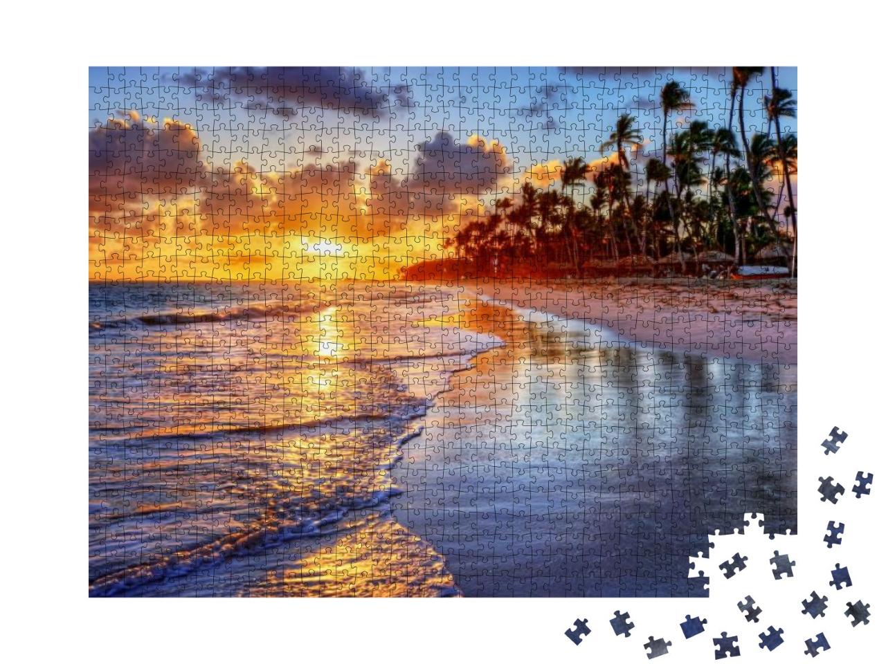 Puzzle 1000 Teile „Sonnenaufgang am Palmenstrand“