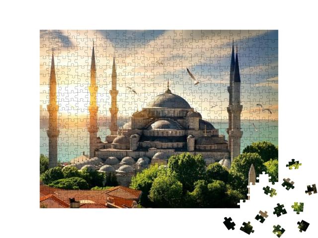 Puzzle 500 Teile „Möwen über der Blauen Moschee und dem Bosporus in Istanbul“