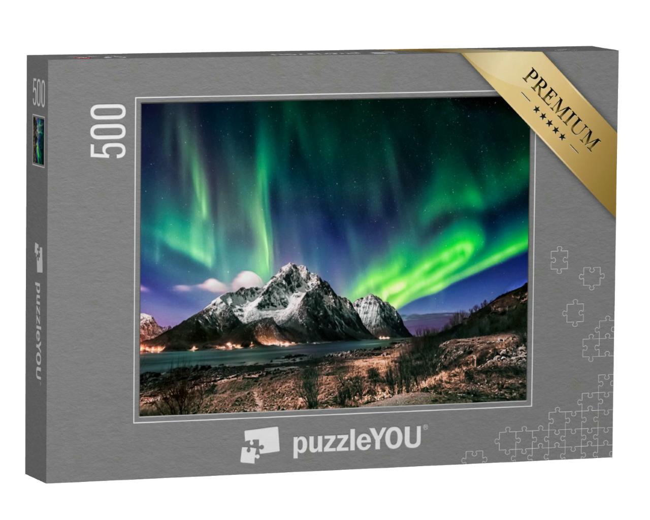 Puzzle 500 Teile „Landschaft der Lofoten: Besuch im Winter mit Polarlicht, Norwegen“