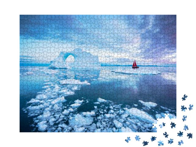 Puzzle 1000 Teile „Segelboot mit roten Segeln kreuzt neben einem durchbrochenen Eisberg “