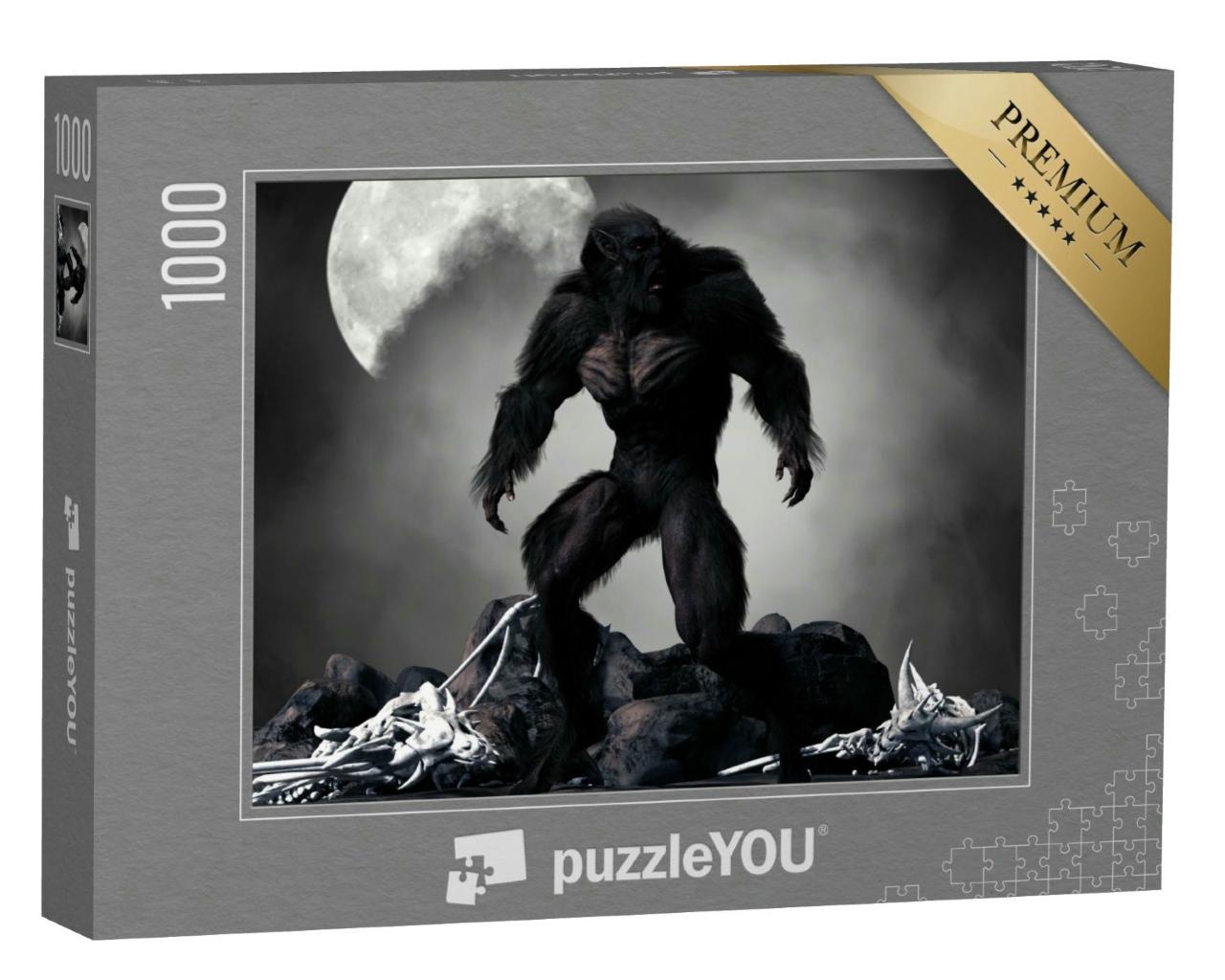 Puzzle 1000 Teile „Düsterer Werwolf, umgeben von Skeletten“